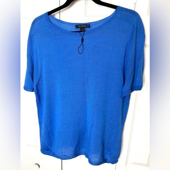 ST. JOHN Blue Wool Silk Knit Top Blouse Shirt Lightweight Boat Neck Pullout Tee - Picture 5 of 13